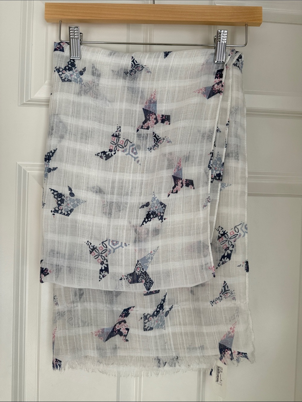 Lightweight White Wrap scarf with Blue and Pink Bird Print